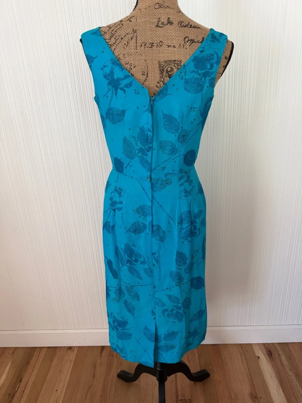 Vintage Turquoise Leaf-Print Midi Dress
